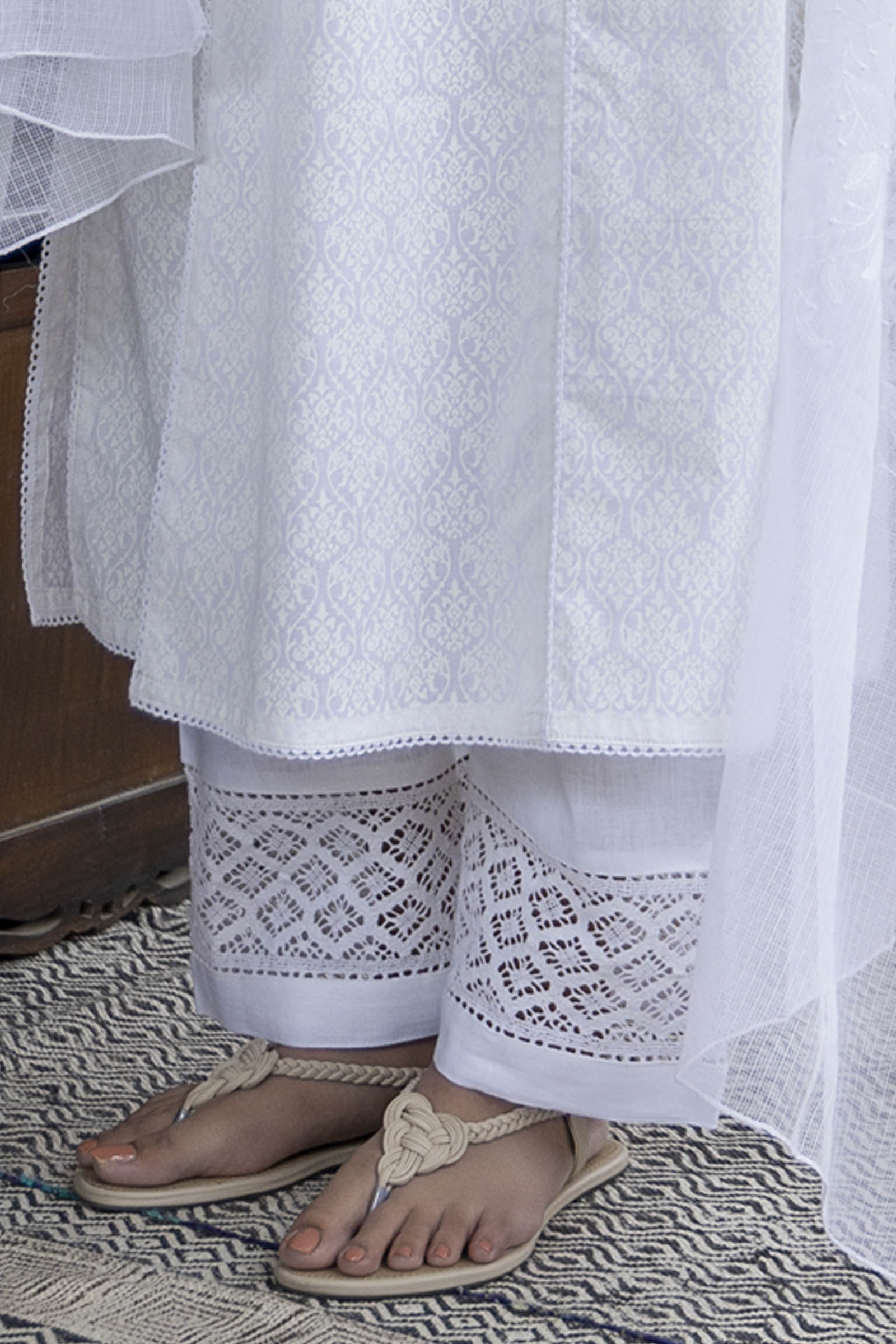 White Cotton Lace Detail Pants