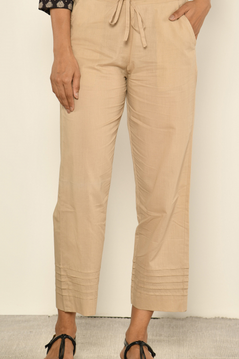 Plain Beige Cotton Straight Pant