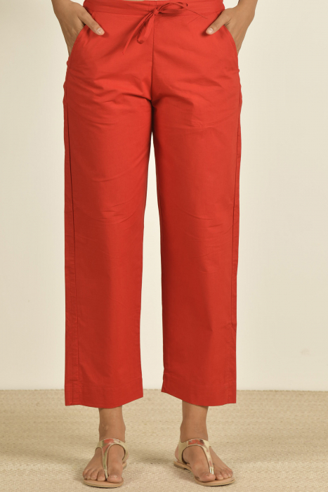 Plain Red Cotton Straight Pant 