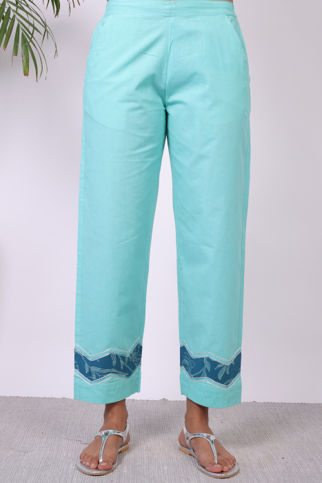 Teal Cotton Straight Pant